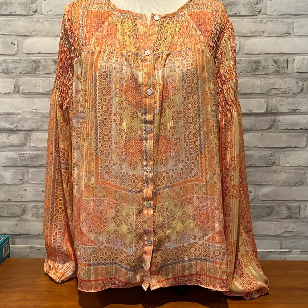 Rose + Olive pale orange green red Boho tonic button front long sleeve blouse